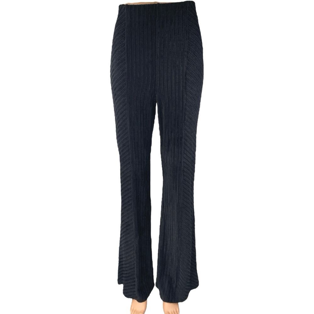 Free People Black Ribbed Knit High Waisted Bootcut Flared Trousers Pants Size M